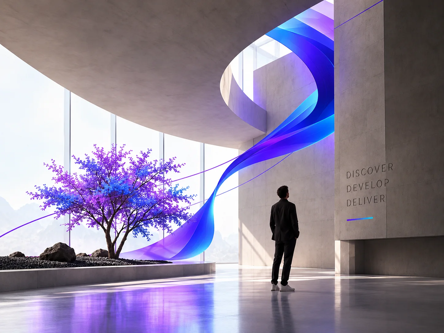 Figure in a sculpted concrete interior with a violet-blue ribbon and the words Discover, Develop, Deliver