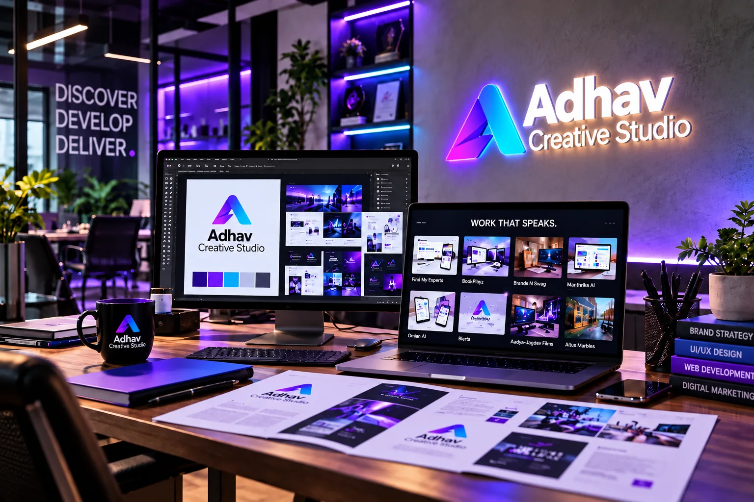 Adhav Creative Studio workspace with the neon Adhav logo and design work on screen and in print